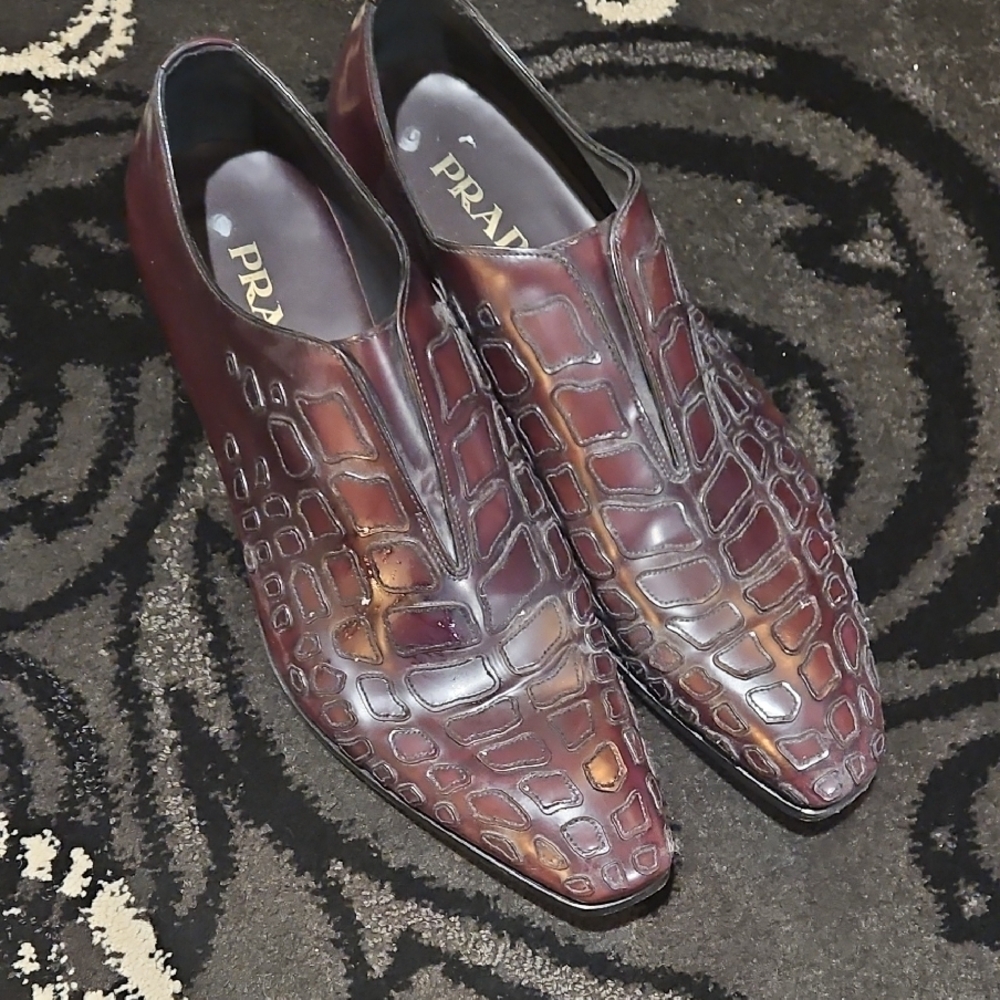 Prada Brown Loafers with Glossy Leather and Textured Finish